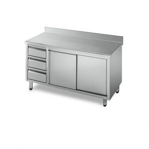 Tavolo armadiato acciaio inox con cassettiera prof.600